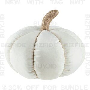 Ivory Velvet Pumpkin Pillow For Fall Decoration, Faux Jute Stem
